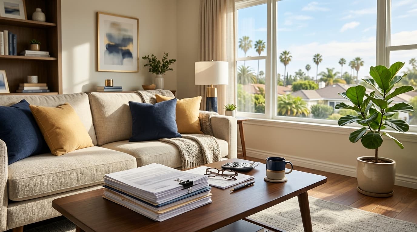 A calm living room scene with a sunlit sofa, a stack of neatly organized paperwork on a coffee table and a small plant by the window.