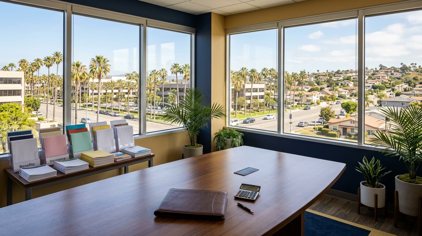 A cheerful small office interior with an empty conference table, neat folders of benefit brochures and large windows overlooking an Orange County business park.