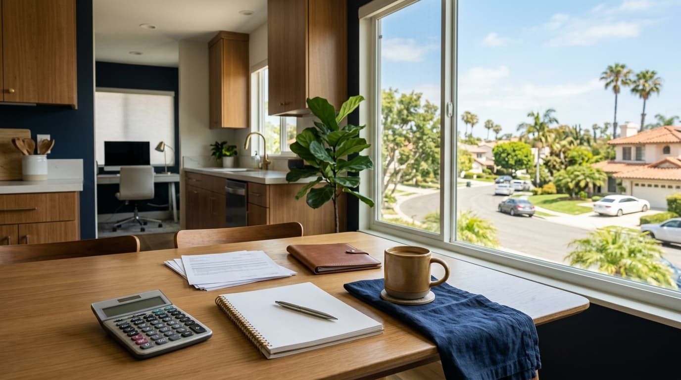 A bright home kitchen table with a calculator, a notepad of figures and a cup of coffee, beside a window overlooking a leafy neighborhood.