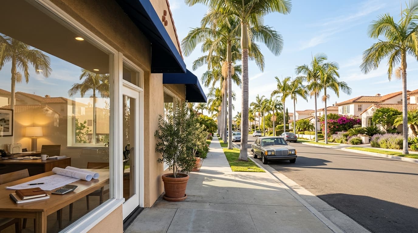 A bright small-business storefront on a palm-lined Orange County street with a tidy conference table and rolled-up blueprints visible through the window.