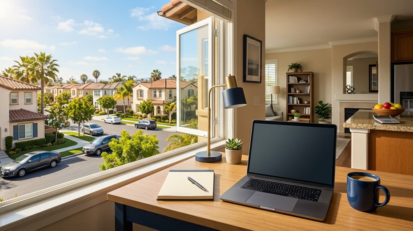 A tidy home office desk with a laptop, a notepad and a coffee mug beside a window that looks out over a sunny Orange County neighborhood.