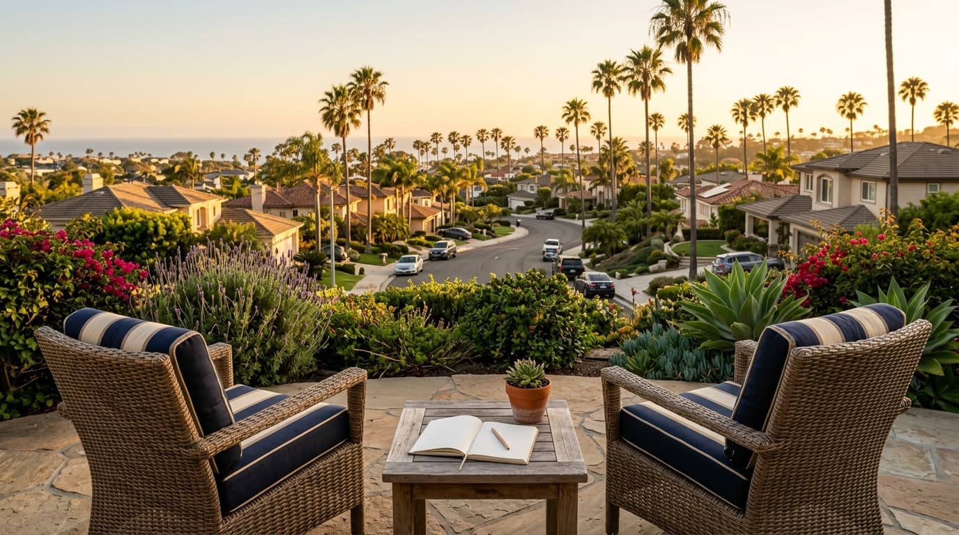 A peaceful backyard patio in Southern California with two empty chairs, a small table with a notebook and a view of palm trees at golden hour.