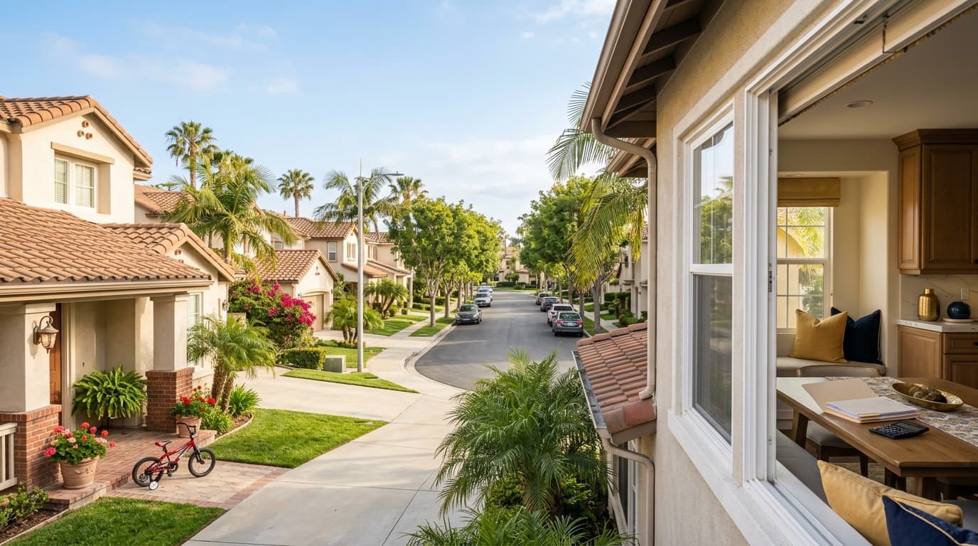 A sunny Orange County suburban street with tidy family homes, a small front porch with a child's bicycle leaning on it, and a folder of documents on a kitchen table.