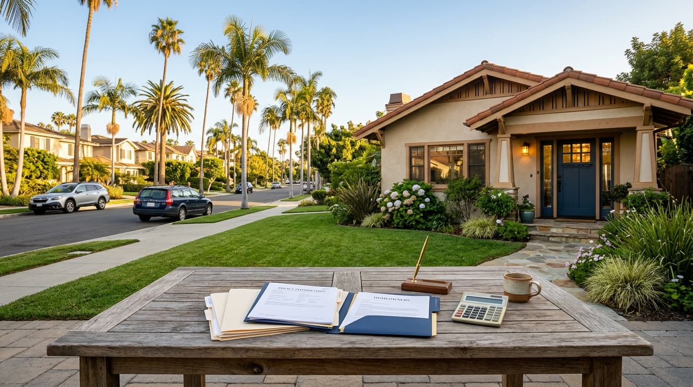 A warm, sunlit family home exterior with a welcoming front door, a tidy lawn and a stack of insurance documents on a wooden table in the foreground.